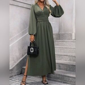 NEW Chic Ruched Waist Lantern Sleeve Maxi Dress Army Green